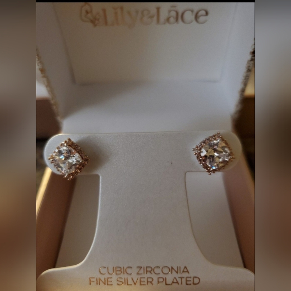 NEW Lily & Lace Pink & White Cubic Zirconia Two Tone Square Halo Stud Earrings
